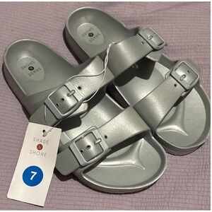 NEW Shade & Shore Silver Neida EVA Two Band‎ Footbed Slide Sandals, 7